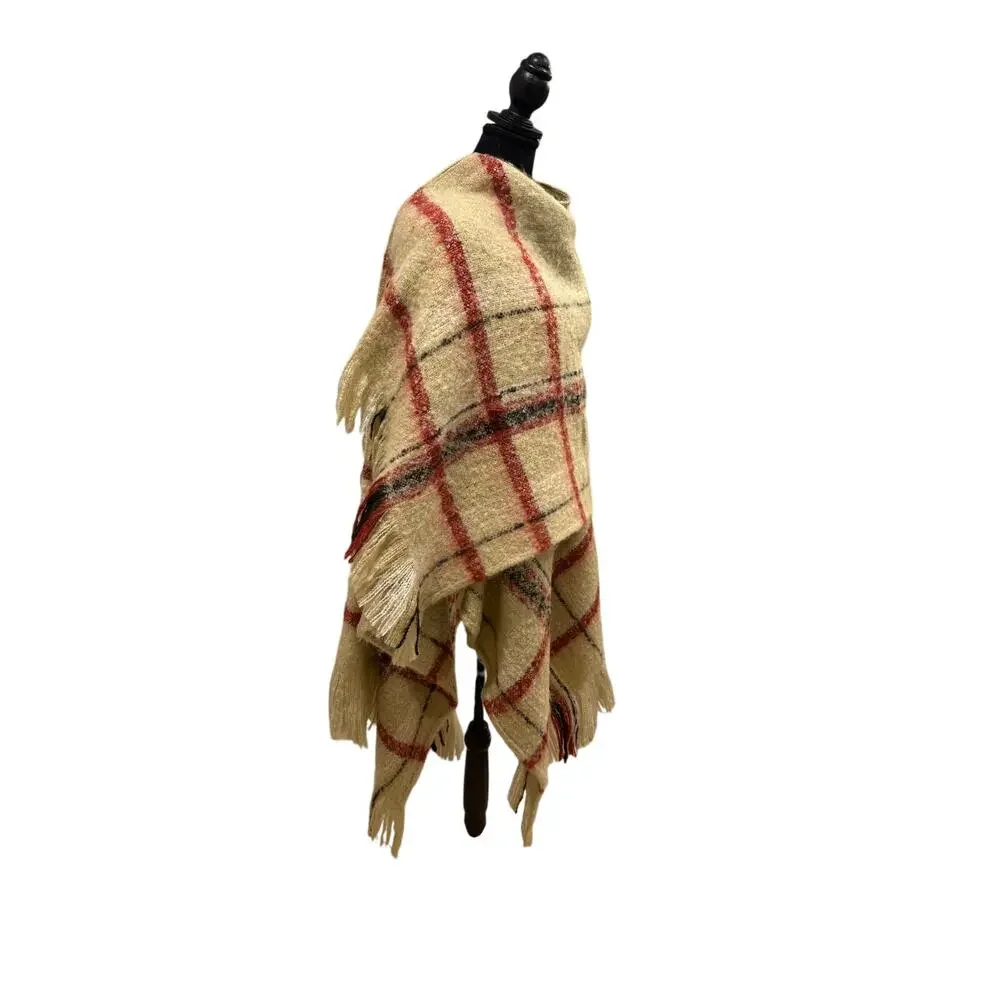 Love Stitch Nottingham Plaid Fringe Poncho Wrap (adorable & warm) - OS